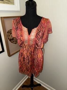 One World XL Blouse Bohemian Pink Orange Animal Print Sequin V-Neck Festival NWT